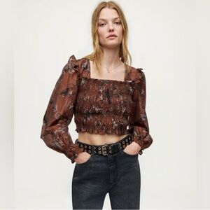 All Saints Pria Viola Silky Floral Smocked Brown Blouse Long Sleeve Top Size 12
